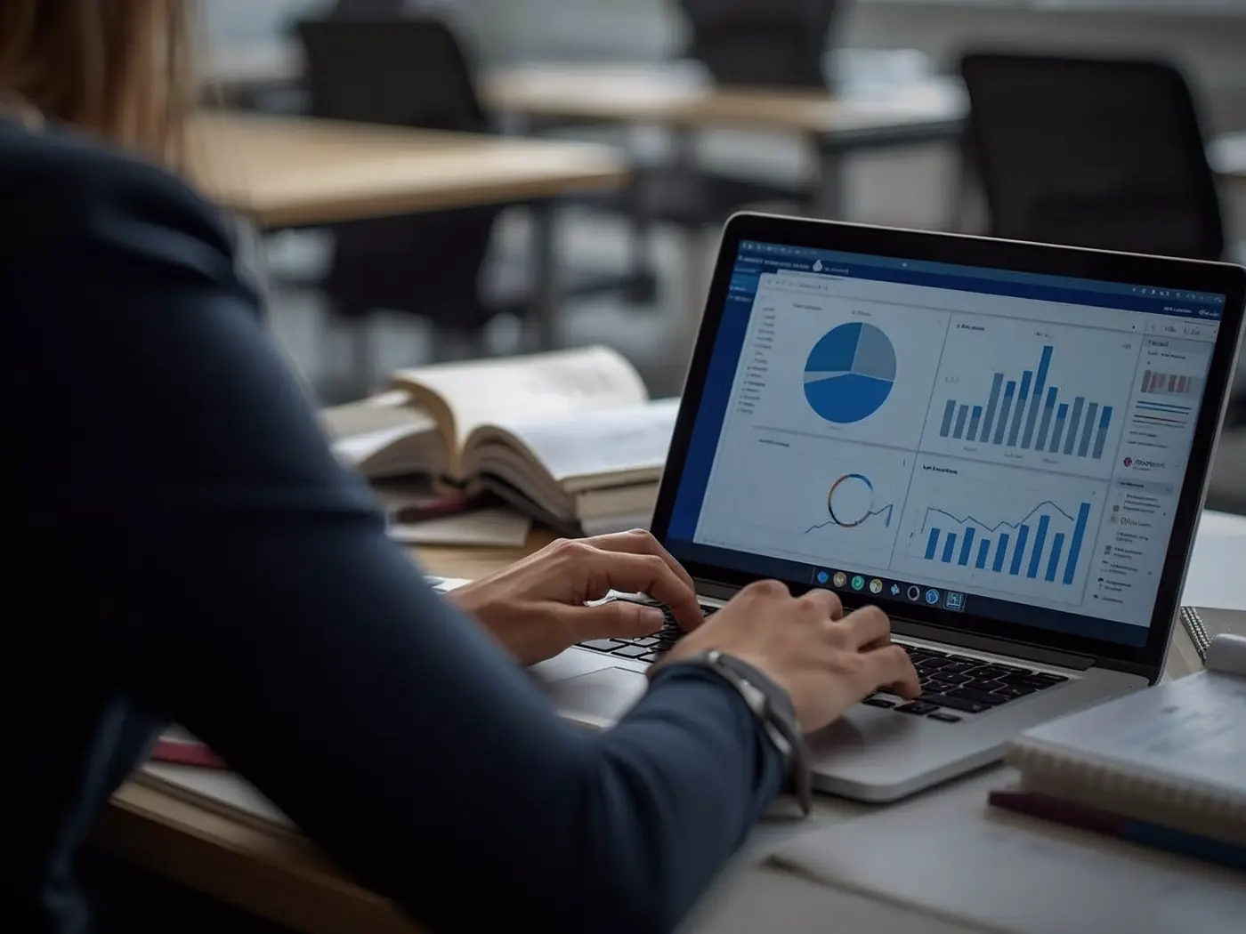 Pessoa analisando gráficos financeiros no notebook